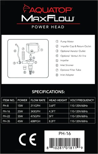 Miniatura 7 de Aquatop MaxFlow 343 GPH - Cabezal sumergible para acuario, bomba de agua de alto rendimiento, silenciosa y eficiente, PH-16