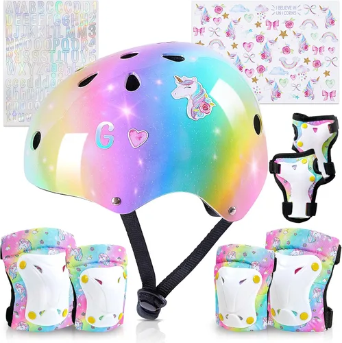 Miniatura 14 de Casco para niños, casco de bicicleta para niños pequeños con pegatinas DIY Unicornio, rodilleras y coderas ajustables, juego de protección para Rosa