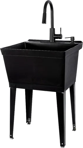 Fregadero utilitario negro con grifo negro de arco alto de VETTA de JS Jackson Supplies, boquilla de rociador extraíble, fregadero de inclinación