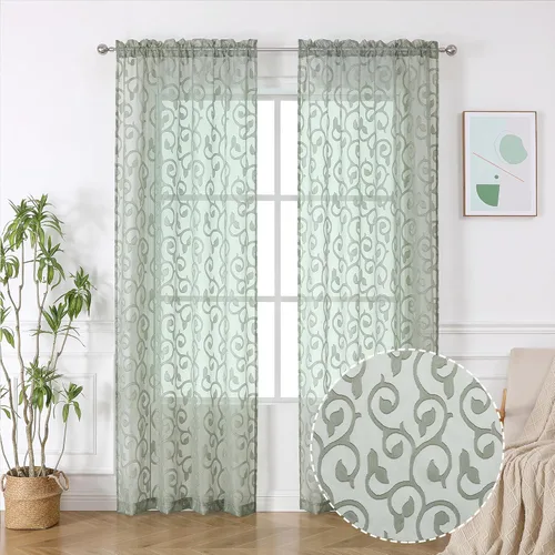 Miniatura 31 de OWENIE Furman - Juego de 2 paneles de cortinas traslúcidas negras de 24 pulgadas de largo, cortinas semitransparentes de jacquard ligeras y aireadas