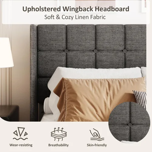 Miniatura 4 de Base de cama tamaño matrimonial con cabecera con respaldo de ala, base de cama tapizada de lino con cabecera capitoné con botones, soporte