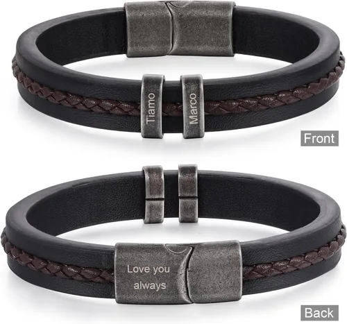 Miniatura 7 de Pulseras personalizadas con nombre para hombre, pulsera de cuero para hombre con 2-5 nombres de niños, regalos personalizados para papá, esposo, hijo