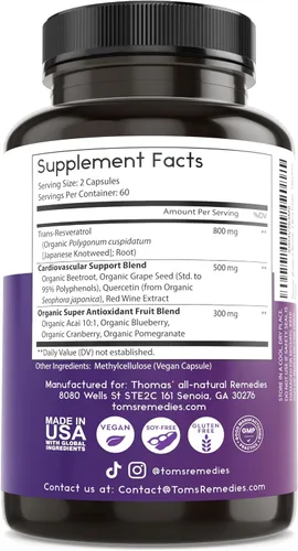 Miniatura 6 de Thomas' all-natural Remedies Resveratrol 1600mg Suplemento antioxidante orgánico Trans-Resveratrol con extracto de semilla de uva orgánico