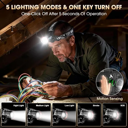 Miniatura 3 de ATDOALL Linterna frontal LED superbrillante, lámpara de cabeza recargable de alto lúmenes con sensor de movimiento, 5 modos, IPX5 impermeable, 90°