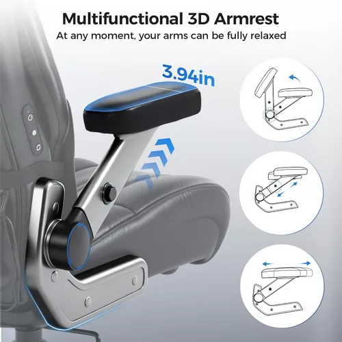 Miniatura 7 de Silla de oficina grande y alta de 600 libras, asiento extra ancho, masaje 3D y calor, silla de oficina con resistencia para personas, brazos cuero
