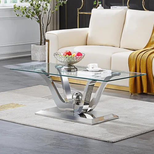 Miniatura 12 de Mesa de centro de cristal de lujo, mesa de centro de sofá de 47 pulgadas con marco de acero inoxidable dorado y parte superior de vidrio negro, mesa