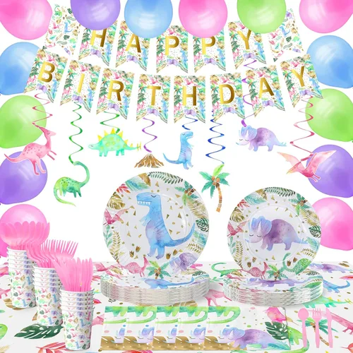 Suministros de fiesta de dinosaurios de acuarela para niñas – Sirve 20 – Decoración de fiesta de cumpleaños de dinosaurio rosa, platos, servilletas,