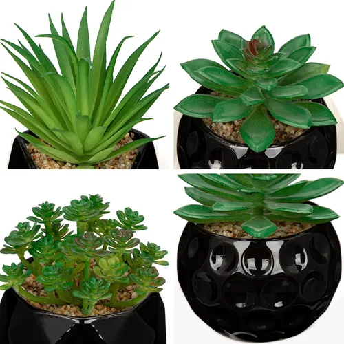 Miniatura 5 de Briful Plantas suculentas artificiales en macetas de cerámica, juego de 3 suculentas artificiales con macetas geométricas negras, decoración moderna