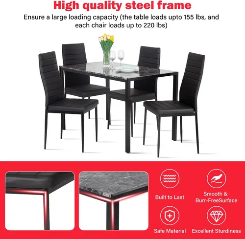 Miniatura 4 de Juego de mesa y sillas de comedor PayLessHere, moderna mesa rectangular de mármol con tapa y 4 sillas de cuero PU para comedor y cocina, mármol negro