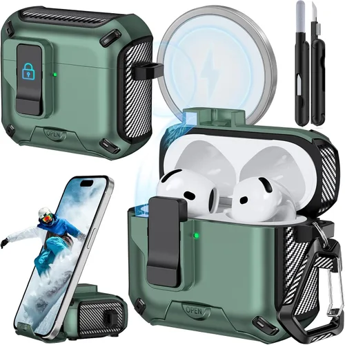 Miniatura 11 de Funda para AirPods Pro 2 (2023/2022/2019) con soporte para teléfono, (con interruptor a presión automático), diseño de fibra de carbono, cubierta