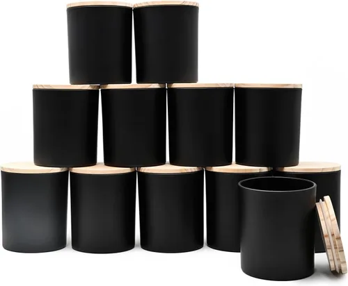 Miniatura 40 de SHOWIN Tarros de vela gruesos de 14 OZ para hacer velas 12 Piezas, tarros vacíos de 3 mechas con tapas de madera para hacer velas, recipiente