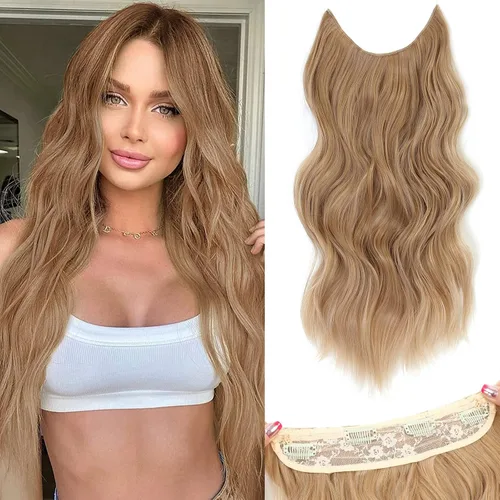 Miniatura 52 de Extensiones de cabello con halo de 12 pulgadas con alambre invisible, cabello largo ondulado ajustable, sintético, mejora con 4 clips de seguridad