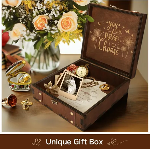 Miniatura 6 de MACEVIA Caja de Recuerdos de la Amistad, Pequeña Caja de Memoria de Madera para Hermanas, Eres La Hermana Que Pude Elegir - Mini Cajas Grabadas 02
