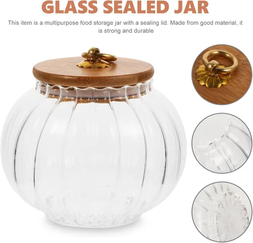 Miniatura 7 de Hemoton Tarro de almacenamiento de vidrio en forma de calabaza con tapa de bambú, recipiente hermético transparente de 27 onzas para organizar café