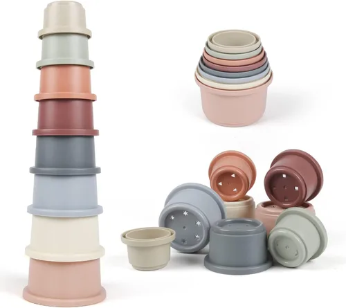 Vasos apilables para bebés, juguete de baño Montessori para niños pequeños de 1 a 3 años, 8 vasos apilables con números para bebés de 6 a 12 meses,