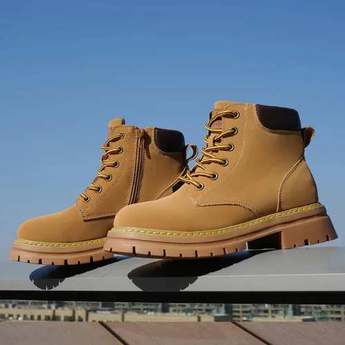 Miniatura 5 de JABASIC Botines de cuero para mujer, tacón bajo, con cordones, botas de combate, botas de trabajo de moda para exteriores
