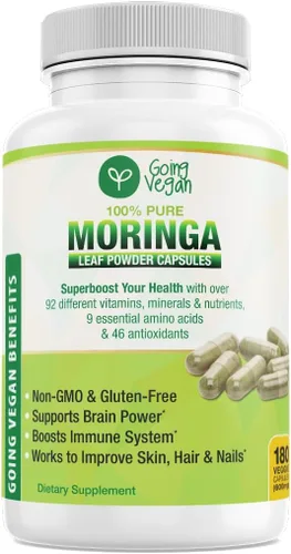 Cápsulas de Moringa, 180 píldoras veganas de hoja de oleifera pura en polvo, 1200 mg por porción, suplemento sin OMG y sin gluten, suministro de 3