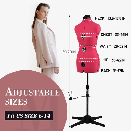 Miniatura 2 de Maniquí Ajustable Rosa para Vestidos de Costura Femenino Talla 6-14, Cuerpo de Modelo Pinchable con 13 Diales y Guía de Dobladillo de 360 Grados