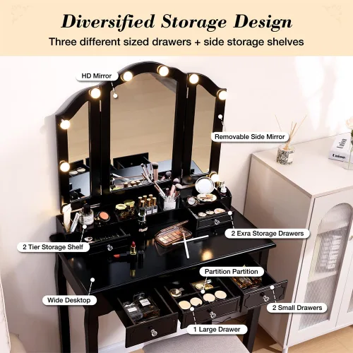 Miniatura 5 de BLEXA Juego de mesa de maquillaje de escritorio y taburete, tocador con luces y espejo con 5 cajones, 3 ajustes de luz de brillo ajustable