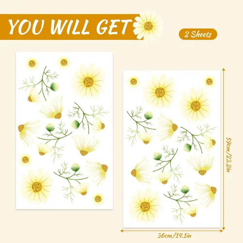 Miniatura 7 de Calcomanías de pared de margaritas para despegar y pegar, calcomanías de pared de vinilo con margaritas amarillas extraíbles, decoración de pared