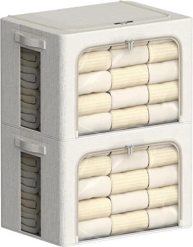 Miniatura 18 de FHSQX Paquete de 2 contenedores de almacenamiento de ropa apilables, caja de almacenamiento con marco de metal, organizador plegable de tela de lino