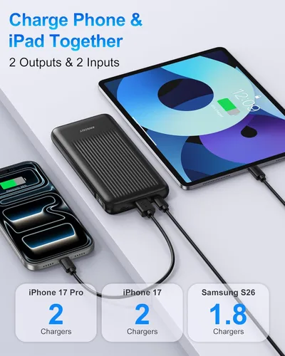 Miniatura 4 de Paquete de 2 cargadores portátiles, 10,000 mAh, 22,5 W, USB C, carga rápida, con 2 salidas y 2 entradas, pantalla digital, compatible con tabletas