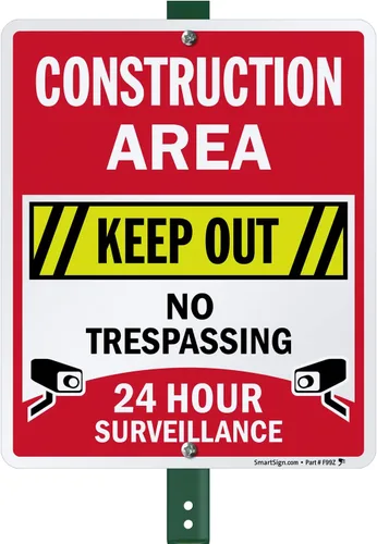 Miniatura 7 de SmartSign Letrero de "Área de construcción: Keep Out, No Trespassing, 24 Hour Surveillance" Aluminio reflectante de grado de ingeniero 3M de 10 x