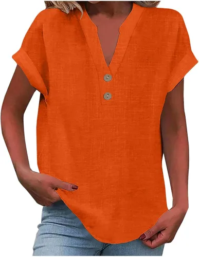Miniatura 18 de Camisas de lino para mujer 2025 verano casual cuello en V botón abajo manga corta tops moda cómodo negocio trabajo blusas, beige (A-Beige)