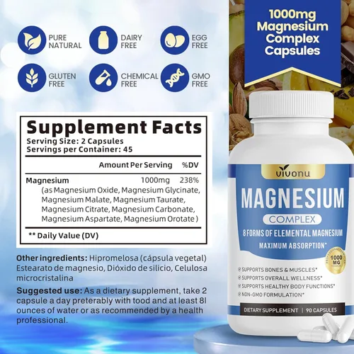 Miniatura 8 de Complejo de magnesio - 8 formas de magnesio elemental para una máxima absorción - Fórmula de alta potencia de 1000 mg - Apoya los huesos, músculos