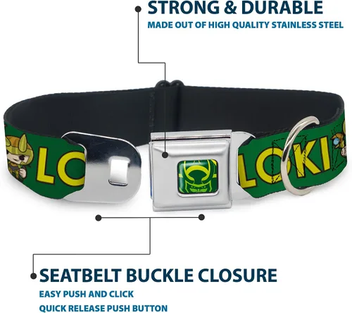 Miniatura 4 de Buckle-Down Collar de perro hebilla kawaii Loki pie pose texto verde amarillo multicolor, 1 pulgada de ancho - se adapta a cuello de 9-15 pulgadas