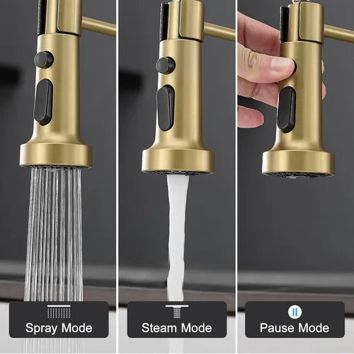 Miniatura 2 de Grifo de cocina dorado cepillado, AIMADI - Grifos de cocina con rociador desplegable, de una sola manija, de un solo orificio, grifo dorado
