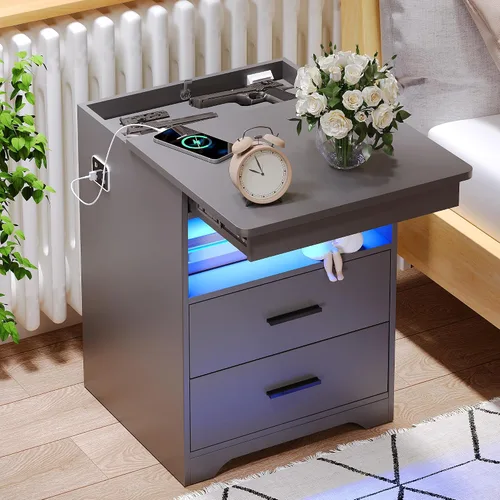 Miniatura 8 de Mesita de noche con cajón para armas, mesa de noche con carga y puerto USB y tipo C, mesita de noche LED con luz sensora humana, mesa auxiliar