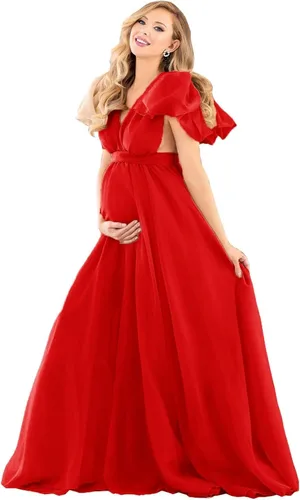 Zxruijing Vestido de maternidad de gasa para fotografía, cuello en V, vestidos de sesión de fotos de maternidad para baby shower, vestido de embarazo