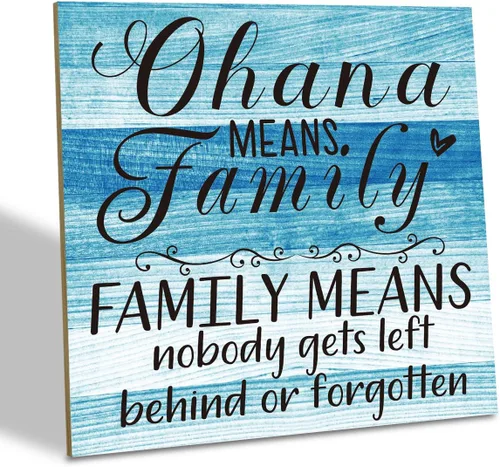 Placa de Madera Familiar, "La Familia Significa Que Nadie Se Queda Atrás o Se Olvida", 15.7x15.7 cm Cartel de Arte de Mesa, Decoración de Cita de