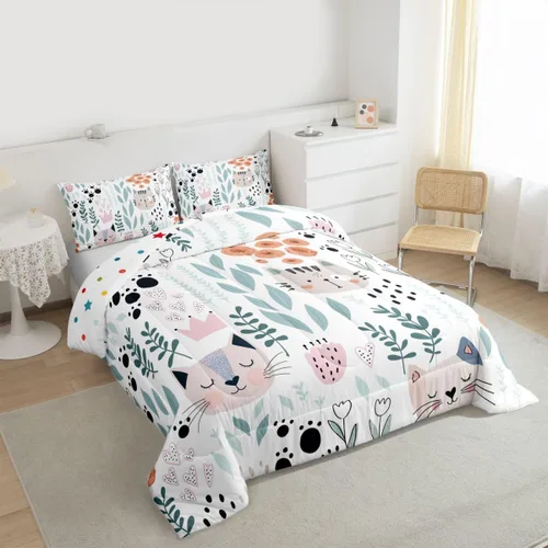 Miniatura 5 de Juego de ropa de cama tamaño individual para niñas y niños, juego de edredón de dibujos animados de animales y gatos, decoración de habitación