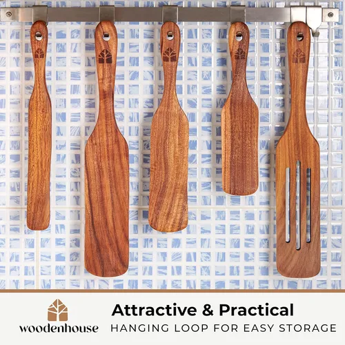 Miniatura 4 de Juego de 5 espátulas de teca, herramientas de cocina de madera, utensilios de cocina antiadherentes para servir, agitar, mezclar, raspar, recoger