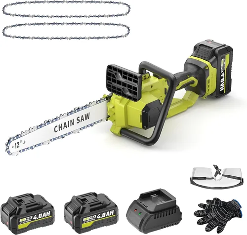 SEYVUM Motosierra sin escobillas de 12 pulgadas inalámbrica, motosierra de batería de 20 V con 2 baterías de 4.0 Ah, 2 cadenas, motosierras