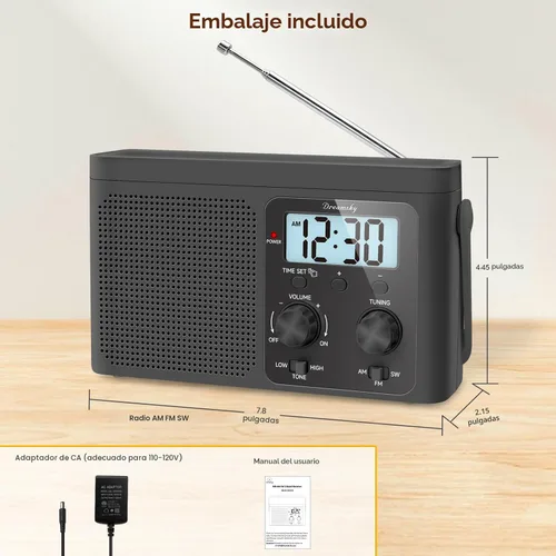 Miniatura 6 de DreamSky Radio AM FM Portátil - Radio de Onda Corta a Batería o Enchufe de Pared para Casa al Aire Libre, Fuerte Recepción, Dial Grande Fácil