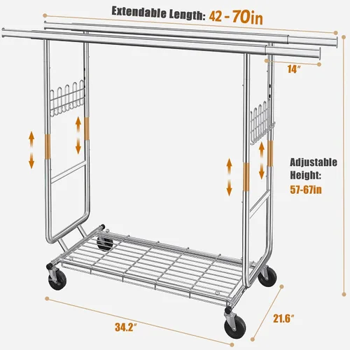 Miniatura 11 de Gewudraw Estante de ropa resistente con carga de 900 libras, estante comercial de doble barra con ruedas y estantes resistentes, estante colgante
