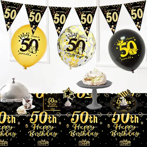 Miniatura 7 de Suministros de decoración de fiesta de cumpleaños número 50 para hombres y mujeres, incluye 16 platos, 20 servilletas, 1 mantel, 1 pancarta, 16