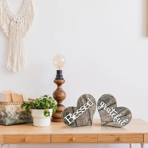 Miniatura 3 de Jetec 2 piezas de decoración de madera en forma de corazón, letrero de bendición rústica, decoración de corazón de madera de amor pequeño para San