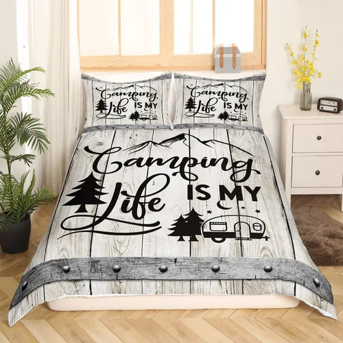 Miniatura 3 de Manfei Happy Camping - Juego de funda de edredón tamaño individual, funda de edredón con 1 funda de almohada, juego de ropa de cama de madera gris
