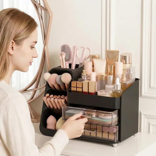 Miniatura 2 de Organizador de maquillaje de gran capacidad con soporte para brochas de maquillaje para tocador, material grueso, organizador de encimera de baño