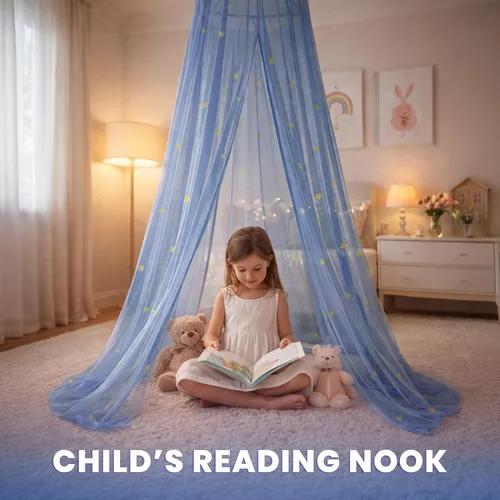 Miniatura 7 de Dosel de Cama Azul, Dosel de Cama Azul con Estrellas que Brillan en la Oscuridad para Niñas, Niños, Niñas y Bebés, Red para Cubrir la Cuna, Niño