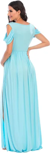 Miniatura 4 de ZIUMUDY Vestido de maternidad con hombros descubiertos y cuello en V envuelto para sesión de fotos, vestido maxi para baby shower