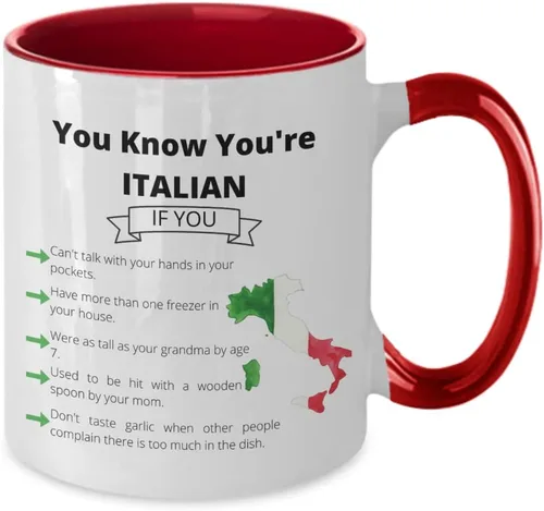Miniatura 2 de Taza de café con texto en inglés "Funny Italy, You Know You're Italian Two-Tone 11oz", taza de café italiana, color rojo y blanco
