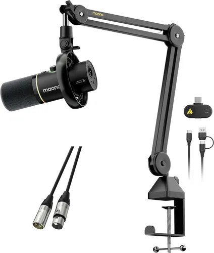 MAONO PD200W micrófono inalámbrico híbrido podcast para PC, kit de micrófono dinámico XLR USB con brazo de pluma (PD200W+XLR-180)