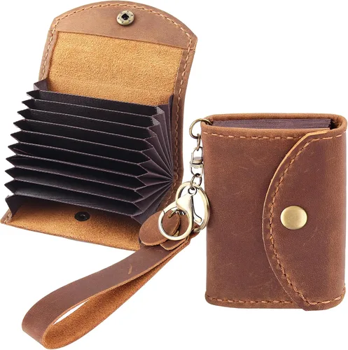 Cartera de cuero genuino para tarjetas de crédito, organizador de tarjetas de crédito para mujeres y hombres, monedero pequeño llavero, Marrón,