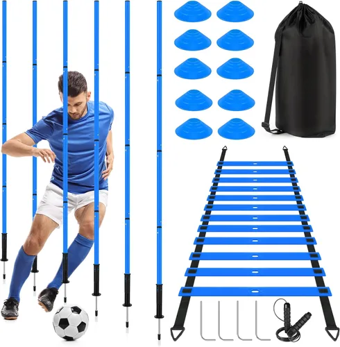 Equipo de entrenamiento de agilidad de fútbol: 6 postes de agilidad de fútbol, escalera de agilidad de 20 pies, 10 conos de fútbol, 1 cuerda de