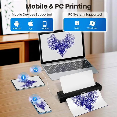 Miniatura 7 de Impresora de Plantilla de Tatuaje, Impresora Portátil, Máquina de Transferencia de Tatuaje Térmica Inalámbrica-Bluetooth con 10 Piezas de Papeles